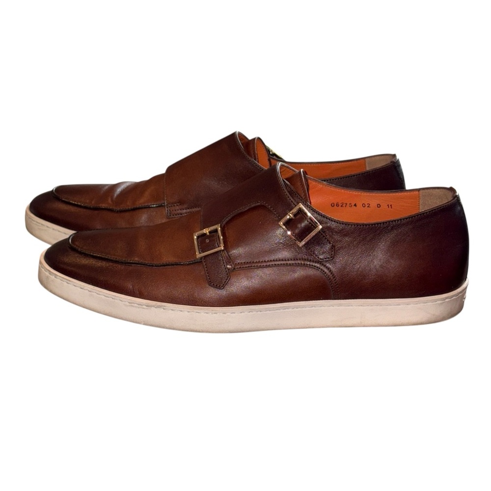 Santoni Leather Double-Buckle Slip On Loafer Brown Size 11